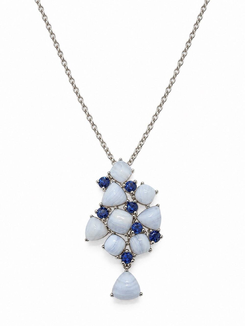 925 Sterling Silver Blue Lace Agate & Blue Sapphire Statement Pendant Necklace